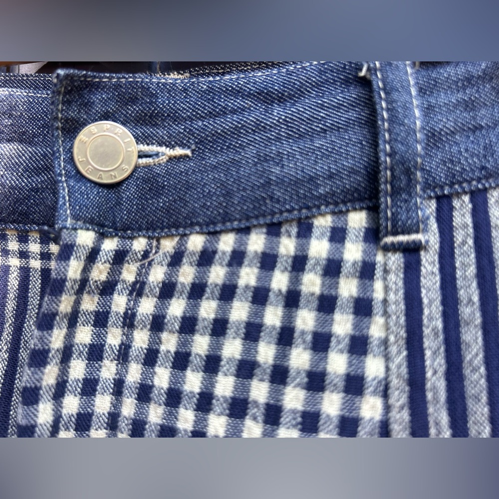 Rare Vintage 90s Esprit Patchwork Denim & Gingham Schoolgirl Min Skirt XS - Picture 2 of 7
